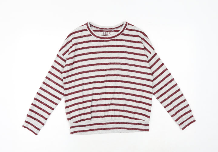 Marks and Spencer Girls Grey Striped Viscose Pullover T-Shirt Size 9-10 Years Boat Neck Pullover