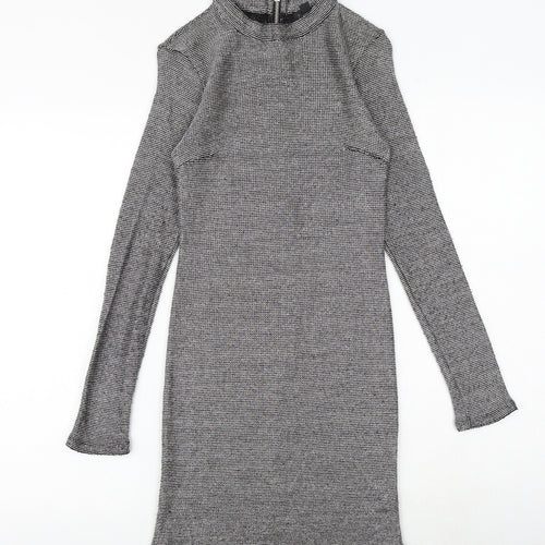 Topshop Womens Silver Geometric Polyester Shift Size 8 Round Neck Zip