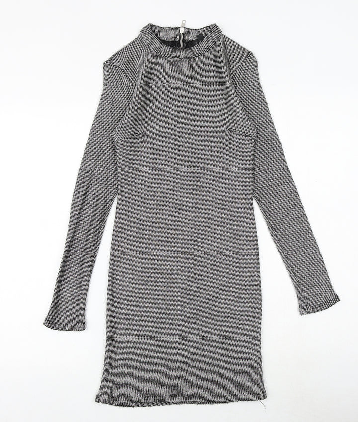 Topshop Womens Silver Geometric Polyester Shift Size 8 Round Neck Zip