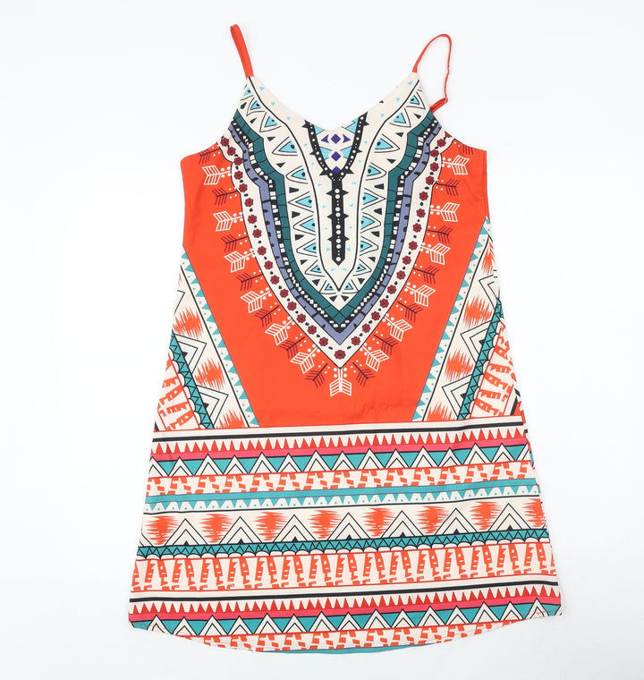 Zanzea Womens Multicoloured Geometric Polyester Tank Dress Size 8 V-Neck Pullover