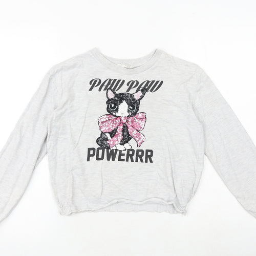 H&M Girls Grey 100% Cotton Pullover Sweatshirt Size 9-10 Years Pullover - Cat