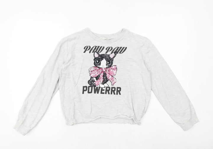 H&M Girls Grey 100% Cotton Pullover Sweatshirt Size 9-10 Years Pullover - Cat