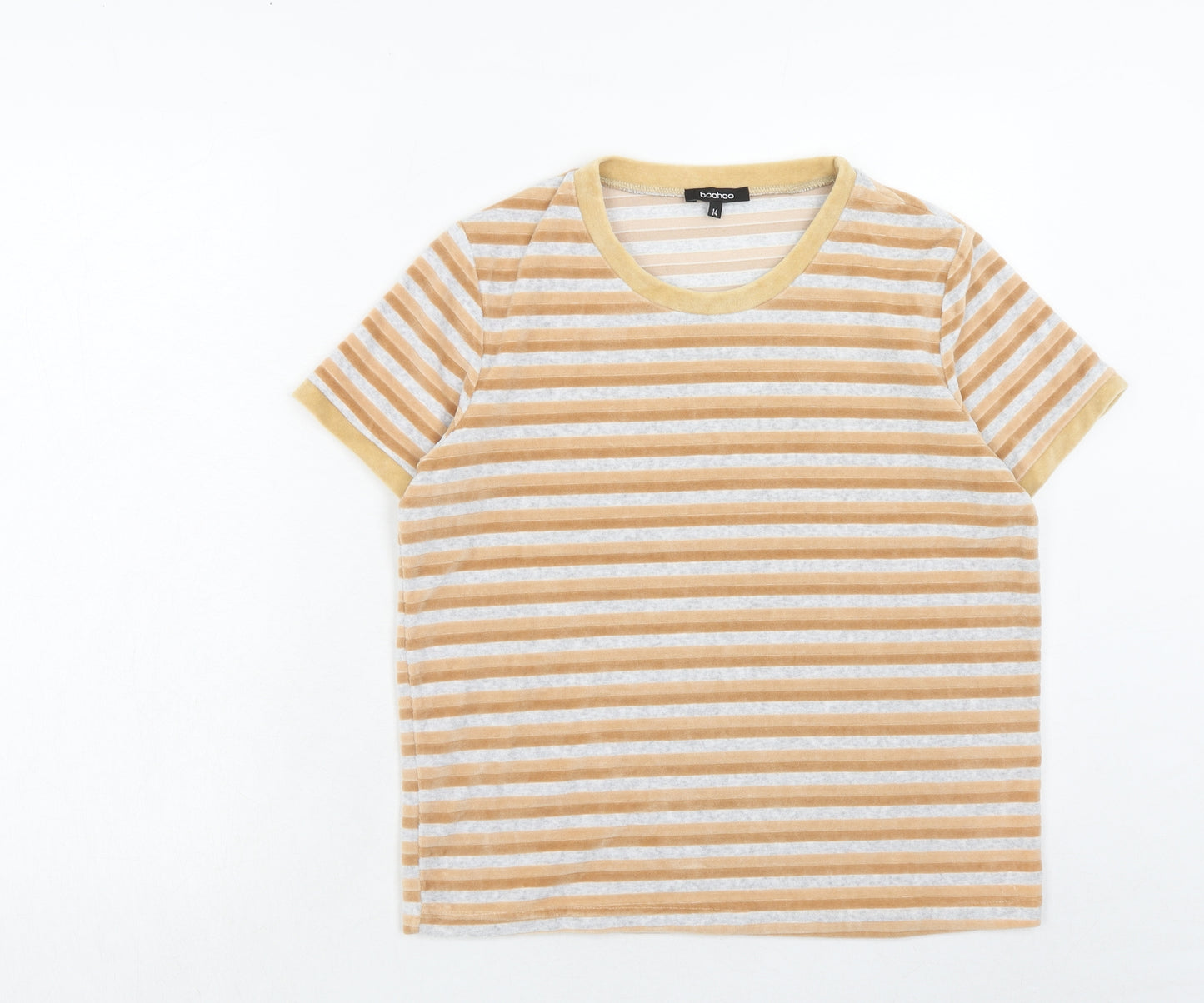 Boohoo Womens Orange Striped Cotton Basic T-Shirt Size 14 Round Neck