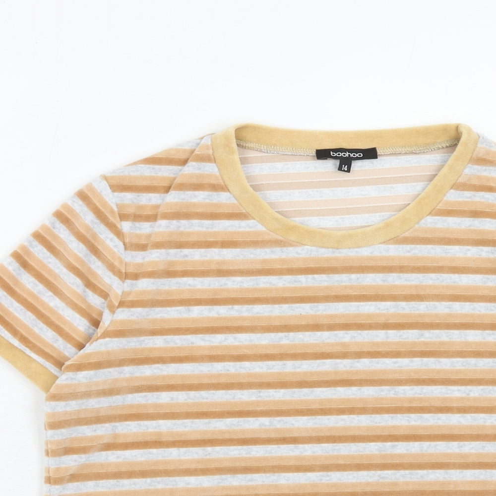 Boohoo Womens Orange Striped Cotton Basic T-Shirt Size 14 Round Neck