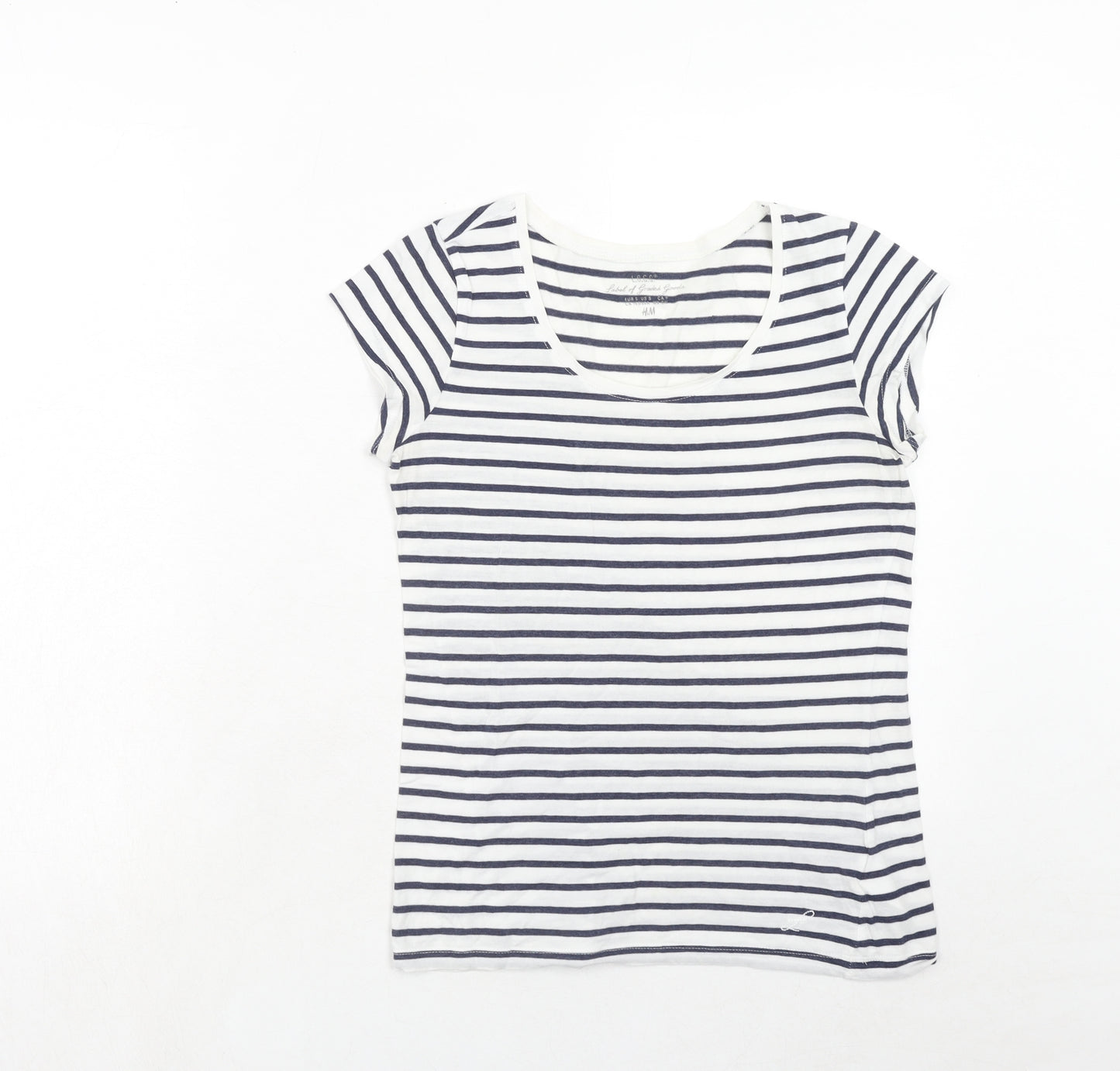 H&M Womens White Striped Cotton Basic T-Shirt Size S Round Neck