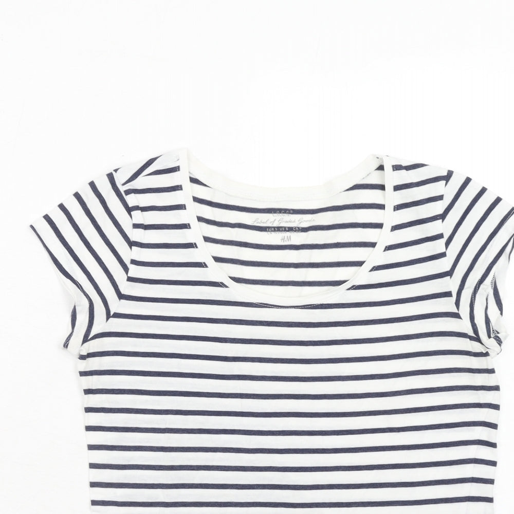 H&M Womens White Striped Cotton Basic T-Shirt Size S Round Neck