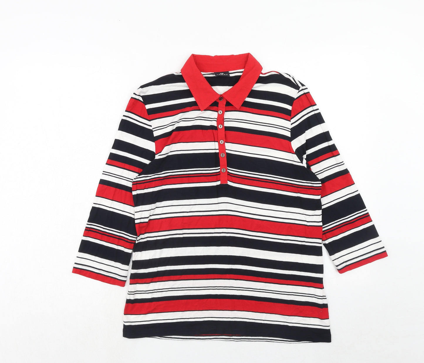 Lebek Womens Red Striped Viscose Basic T-Shirt Size 14 Collared