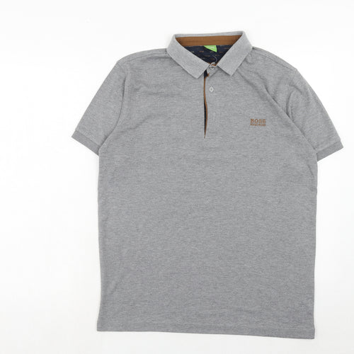 HUGO BOSS Mens Grey Cotton Polo Size L Collared Button