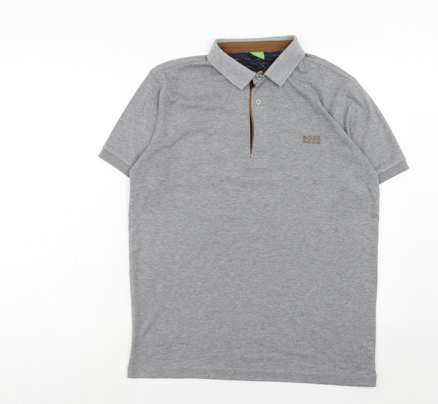HUGO BOSS Mens Grey Cotton Polo Size L Collared Button