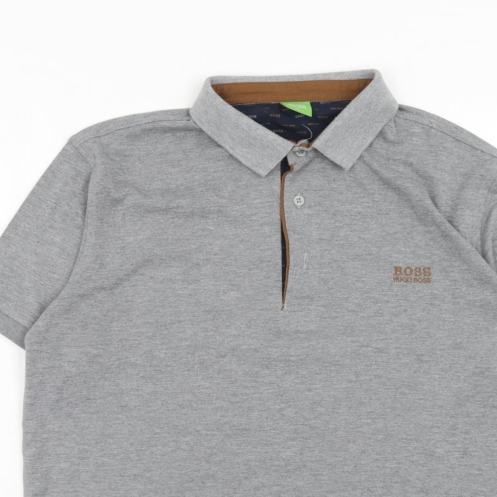 HUGO BOSS Mens Grey Cotton Polo Size L Collared Button