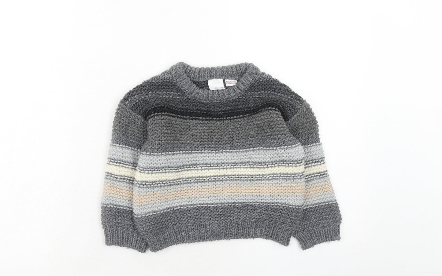 Zara Boys Grey Crew Neck Striped Acrylic Pullover Jumper Size 2-3 Years Pullover