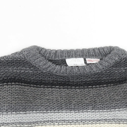 Zara Boys Grey Crew Neck Striped Acrylic Pullover Jumper Size 2-3 Years Pullover