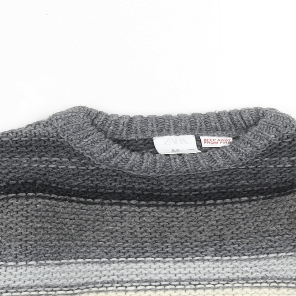 Zara Boys Grey Crew Neck Striped Acrylic Pullover Jumper Size 2-3 Years Pullover