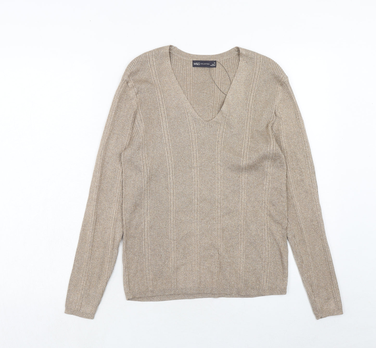 Marks and Spencer Womens Gold V-Neck Viscose Pullover Jumper Size 14