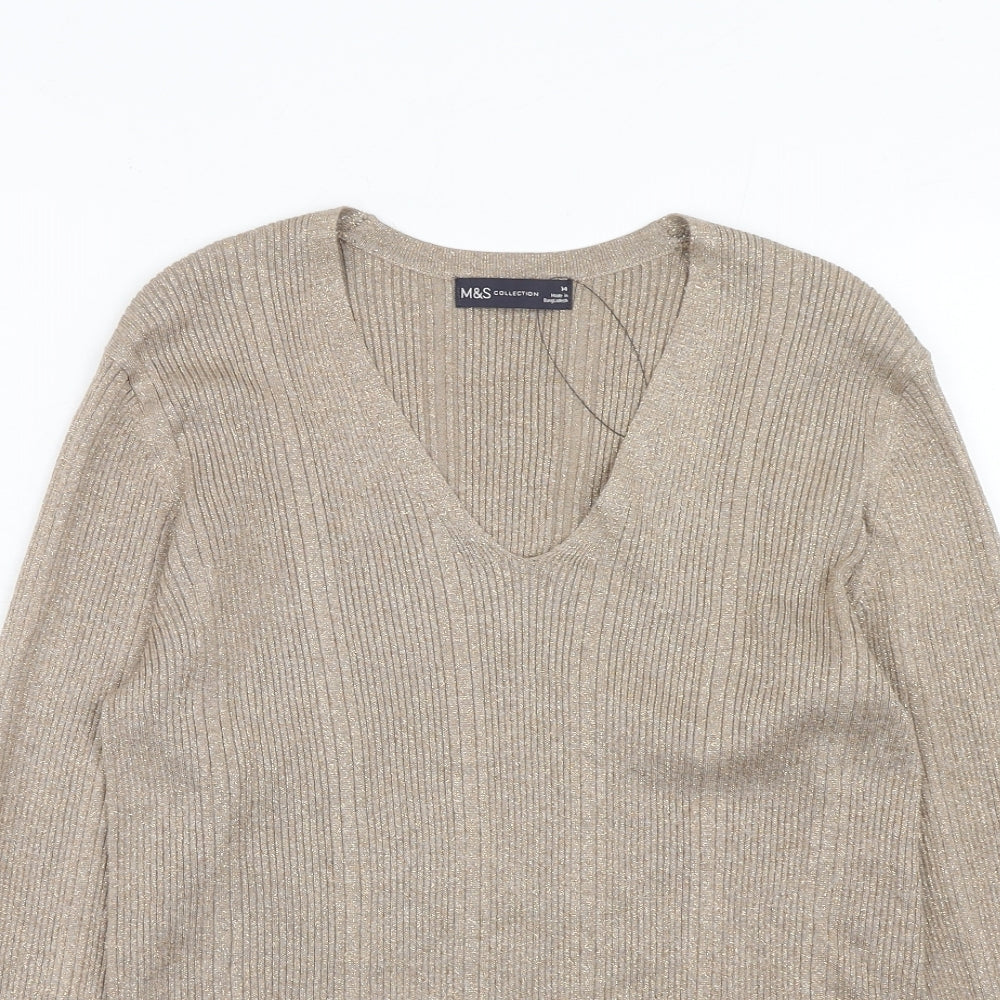 Marks and Spencer Womens Gold V-Neck Viscose Pullover Jumper Size 14