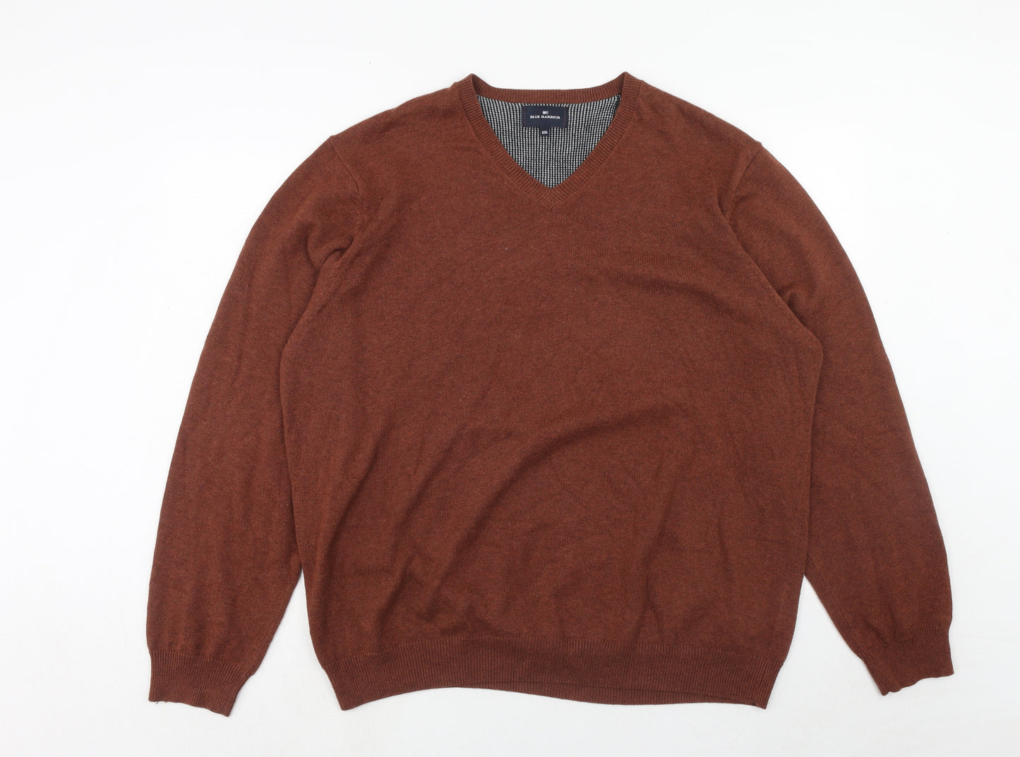 Blue Harbour Mens Brown V-Neck Cotton Pullover Jumper Size 2XL Long Sleeve