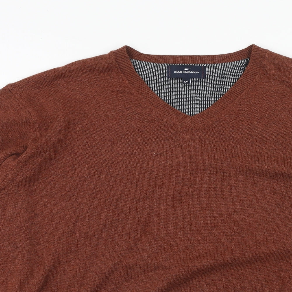 Blue Harbour Mens Brown V-Neck Cotton Pullover Jumper Size 2XL Long Sleeve