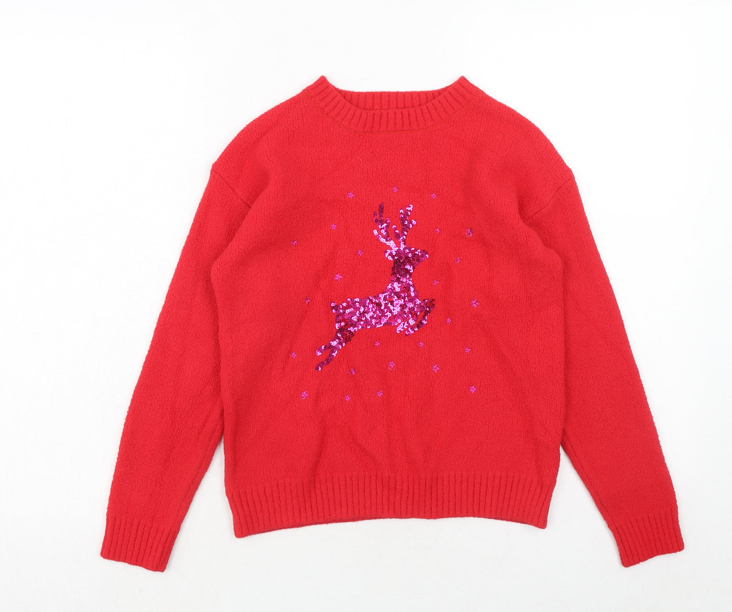 Marks and Spencer Girls Red Round Neck Polyamide Pullover Jumper Size 11-12 Years Pullover - Reindeer Christmas