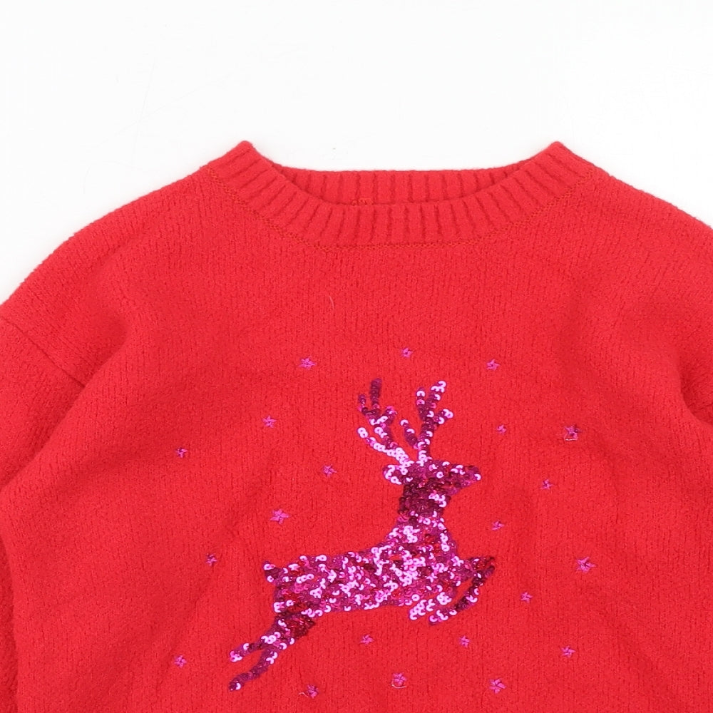 Marks and Spencer Girls Red Round Neck Polyamide Pullover Jumper Size 11-12 Years Pullover - Reindeer Christmas