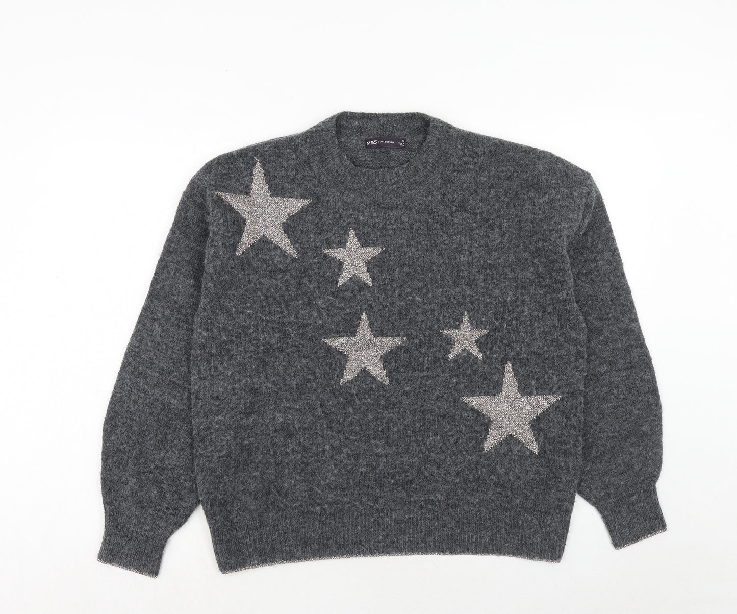 Marks and Spencer Womens Grey Round Neck Acrylic Pullover Jumper Size M - Star