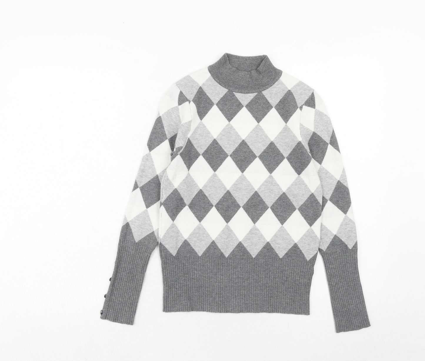 Marks and Spencer Womens Grey High Neck Argyle/Diamond Viscose Pullover Jumper Size 10