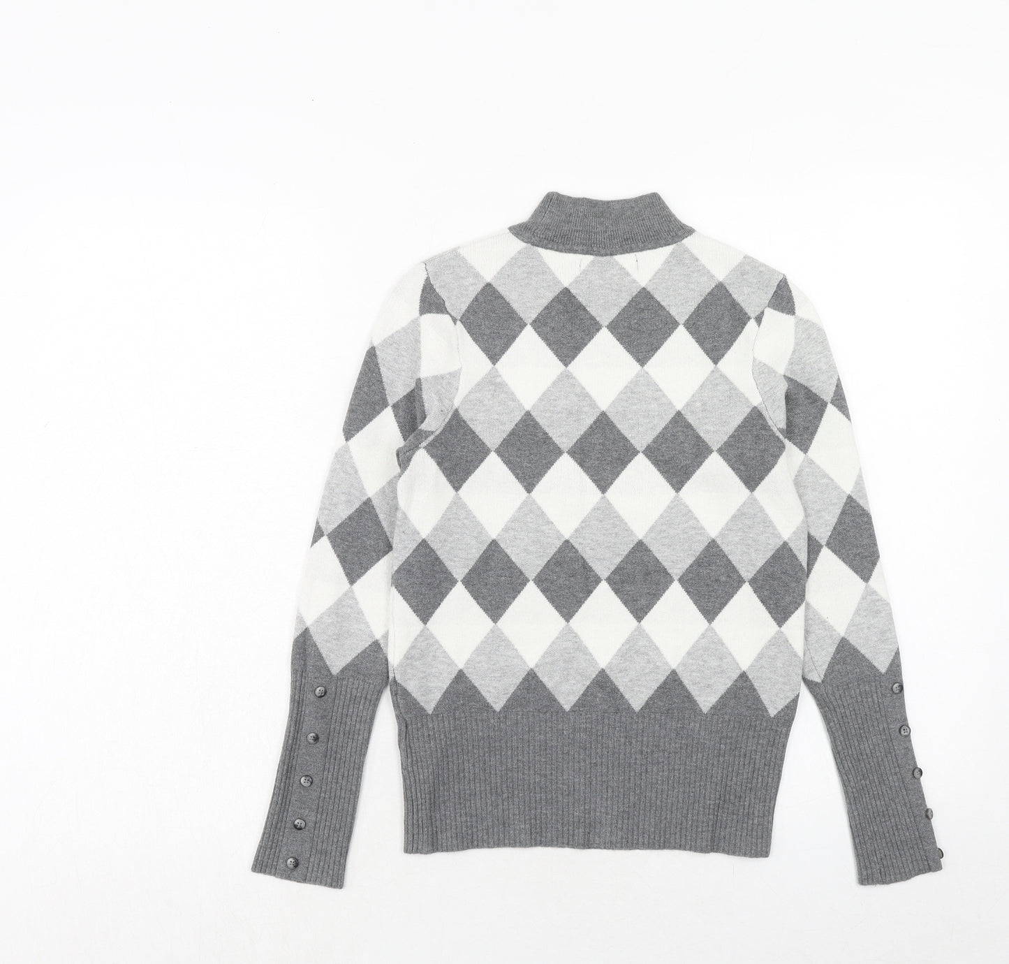 Marks and Spencer Womens Grey High Neck Argyle/Diamond Viscose Pullover Jumper Size 10