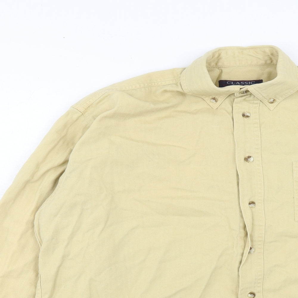 Classic Mens Yellow Cotton Button-Up Size M Collared Button
