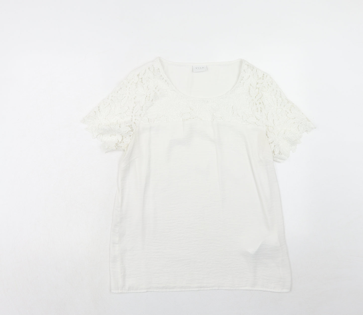 VILA Womens White Polyester Basic T-Shirt Size M Round Neck