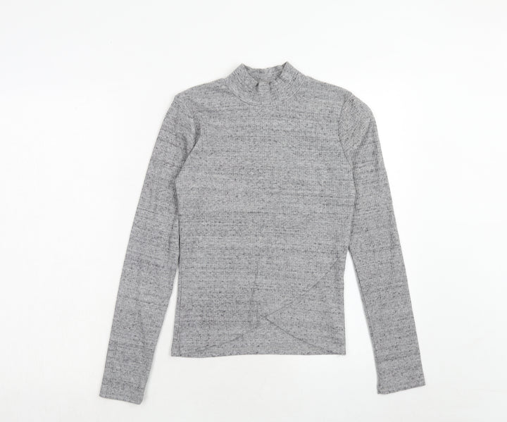 Bershka Womens Grey Polyester Basic T-Shirt Size L Mock Neck