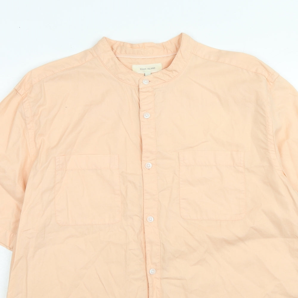 River Island Mens Orange Cotton Button-Up Size L Round Neck Button