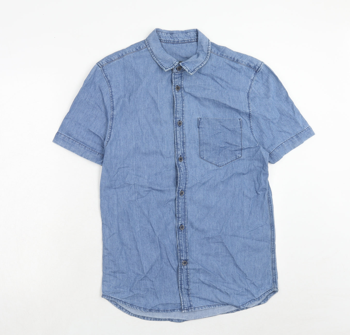 Zara Mens Blue Cotton Button-Up Size L Collared Button