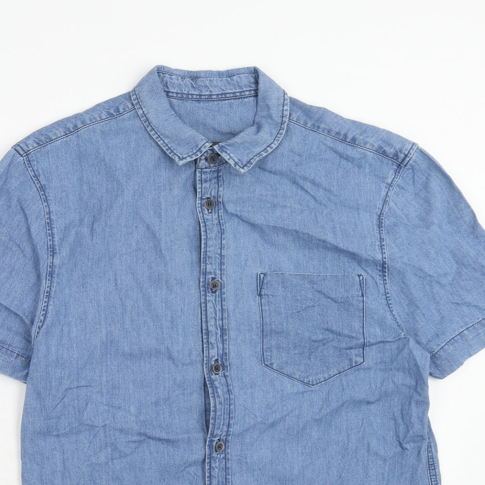 Zara Mens Blue Cotton Button-Up Size L Collared Button