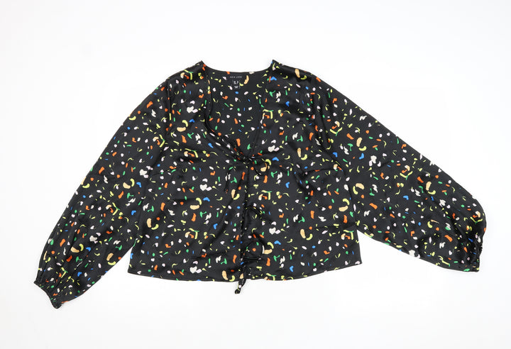 New Look Womens Black Geometric Polyester Basic Blouse Size 10 V-Neck