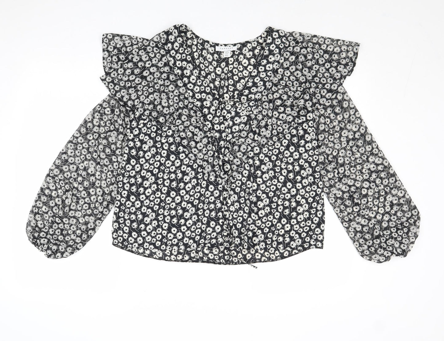 Topshop Womens Black Floral Polyester Basic Blouse Size 10 V-Neck