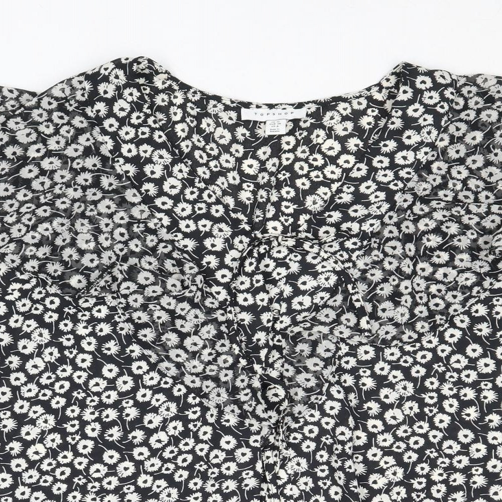 Topshop Womens Black Floral Polyester Basic Blouse Size 10 V-Neck