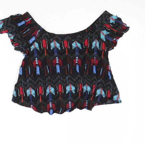 New Look Womens Multicoloured Geometric Viscose Cropped Blouse Size 8 Boat Neck