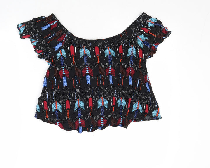 New Look Womens Multicoloured Geometric Viscose Cropped Blouse Size 8 Boat Neck