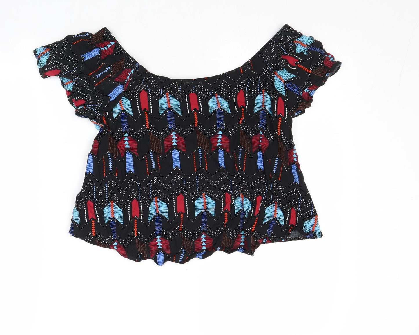 New Look Womens Multicoloured Geometric Viscose Cropped Blouse Size 8 Boat Neck