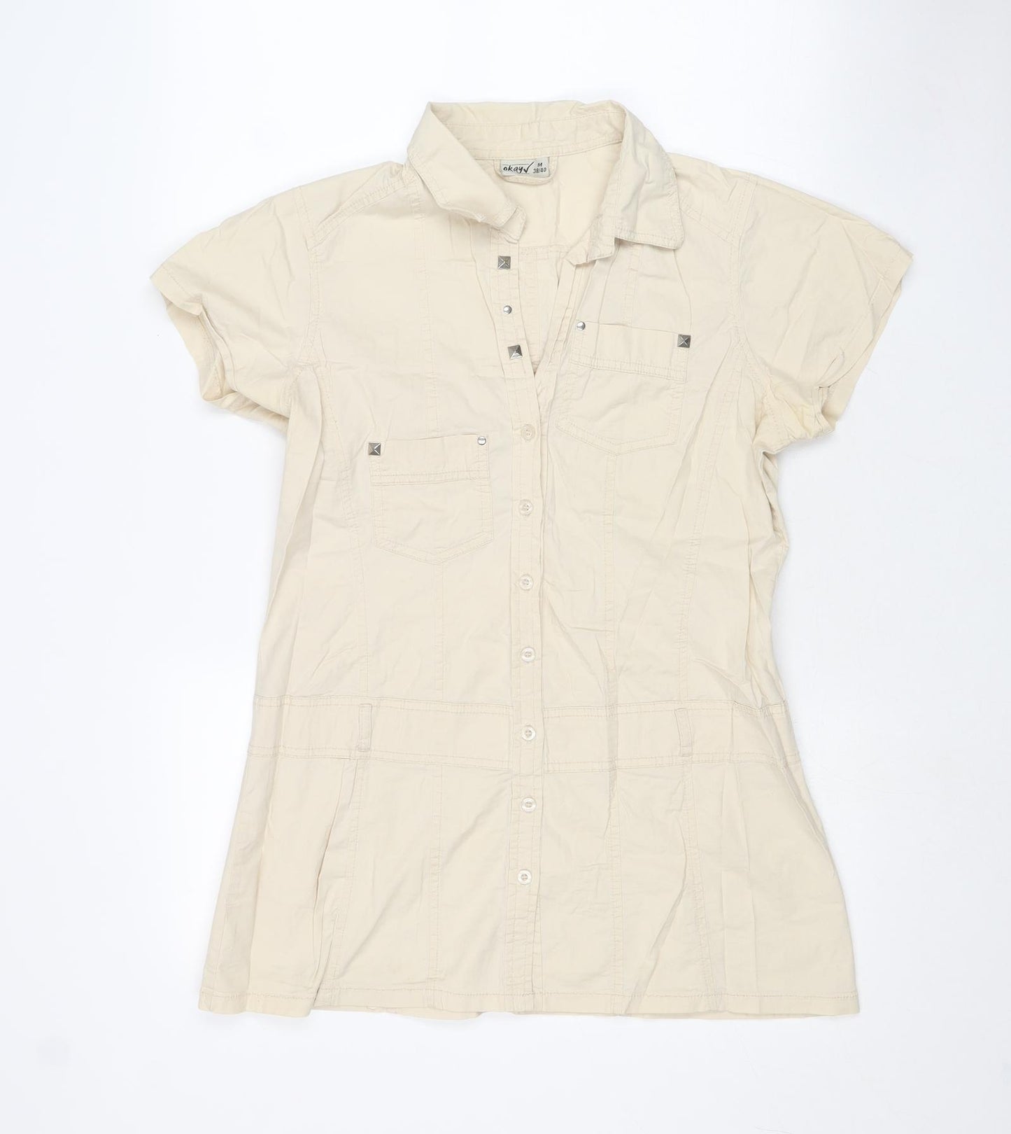 OKAY Womens Beige Cotton Basic Button-Up Size 10 Collared - Size 10/12