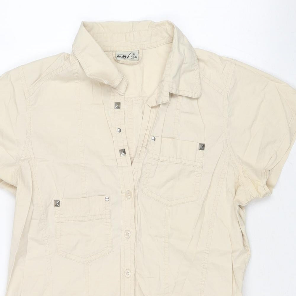 OKAY Womens Beige Cotton Basic Button-Up Size 10 Collared - Size 10/12