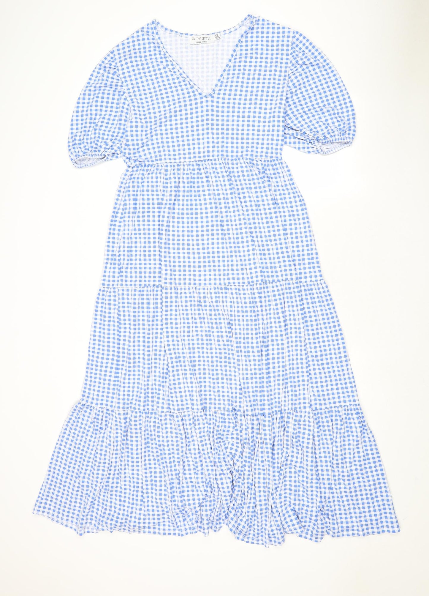 In the Style Womens Blue Check Viscose A-Line Size 14 V-Neck Pullover - Tiered