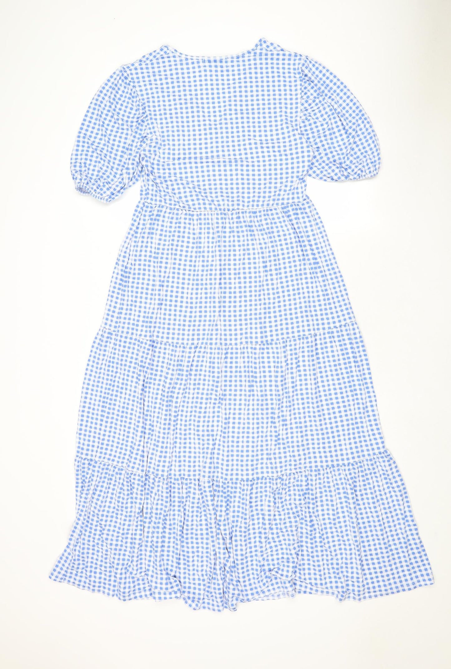 In the Style Womens Blue Check Viscose A-Line Size 14 V-Neck Pullover - Tiered