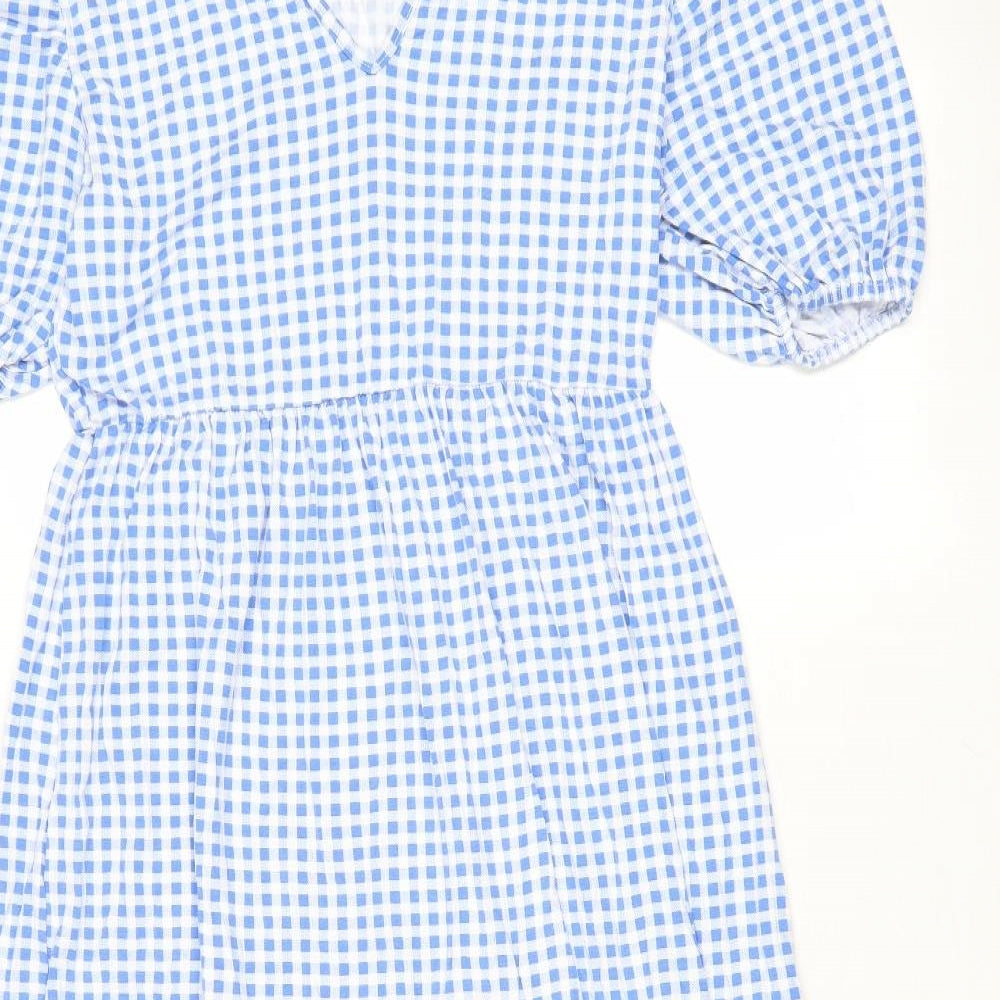 In the Style Womens Blue Check Viscose A-Line Size 14 V-Neck Pullover - Tiered