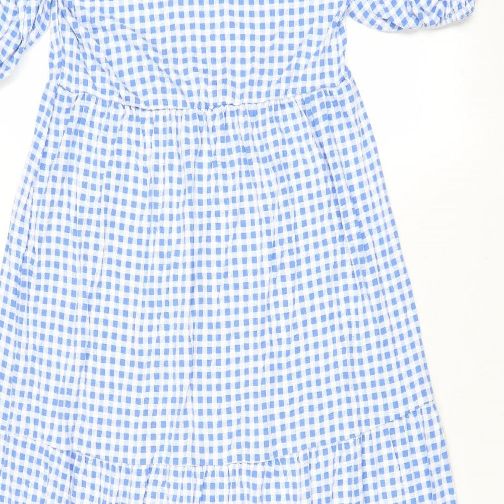 In the Style Womens Blue Check Viscose A-Line Size 14 V-Neck Pullover - Tiered