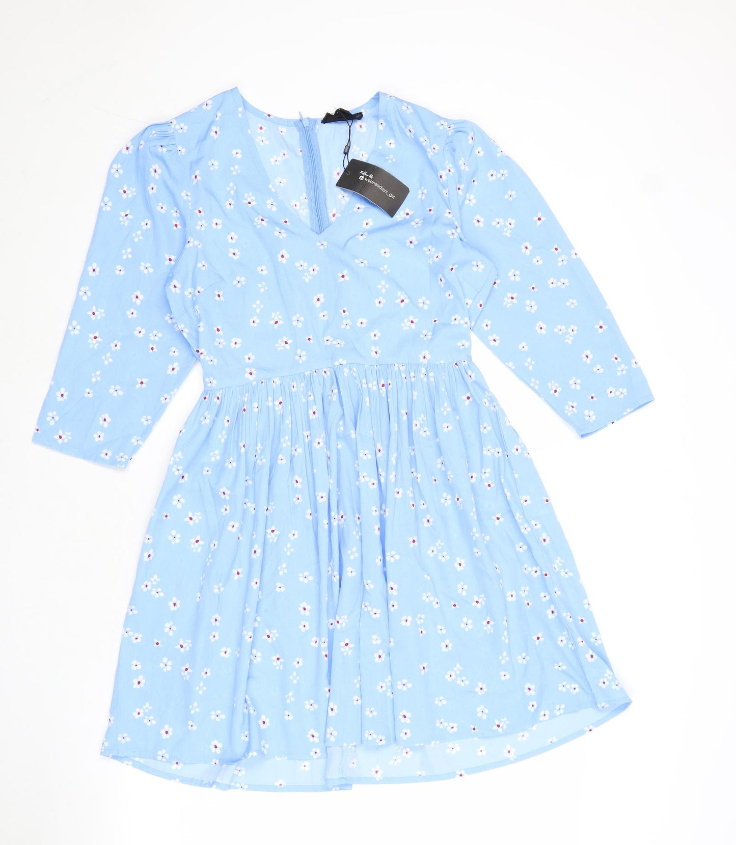 Wednesday's Girl Womens Blue Floral Polyester Skater Dress Size S V-Neck Zip