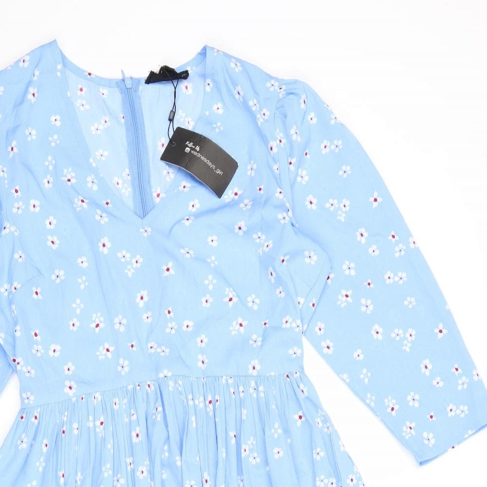 Wednesday's Girl Womens Blue Floral Polyester Skater Dress Size S V-Neck Zip