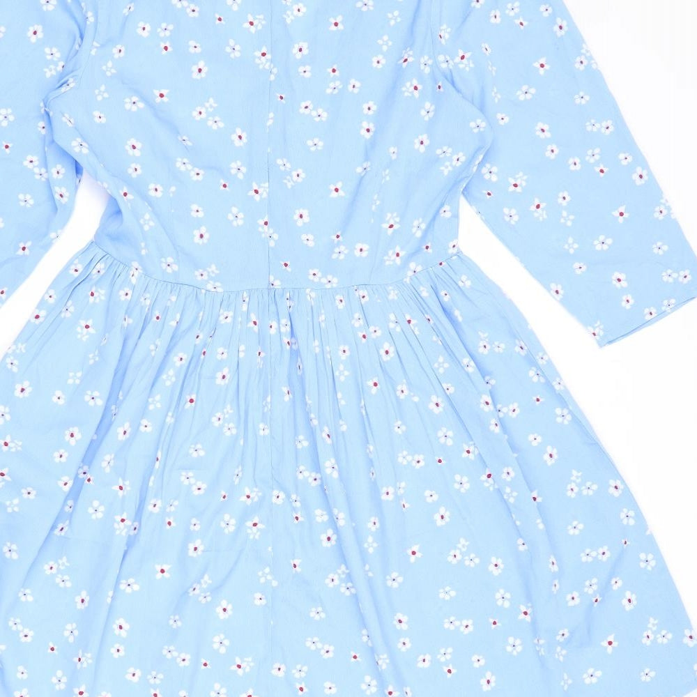 Wednesday's Girl Womens Blue Floral Polyester Skater Dress Size S V-Neck Zip