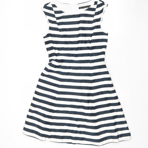 Zara Womens Blue Striped Cotton Fit & Flare Size XS Boat Neck Zip