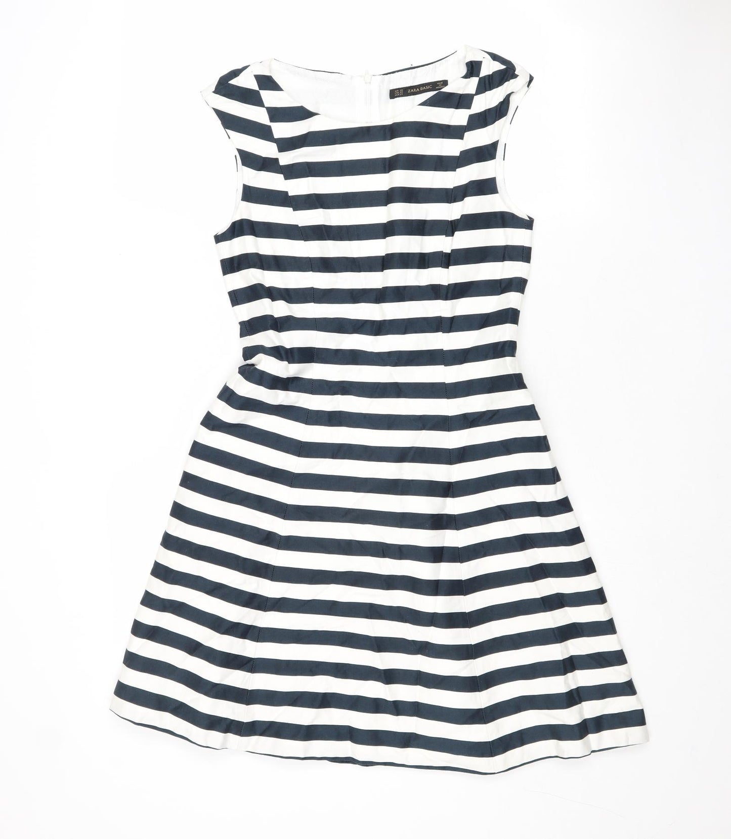 Zara Womens Blue Striped Cotton Fit & Flare Size XS Boat Neck Zip