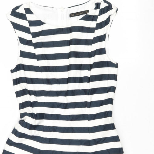 Zara Womens Blue Striped Cotton Fit & Flare Size XS Boat Neck Zip